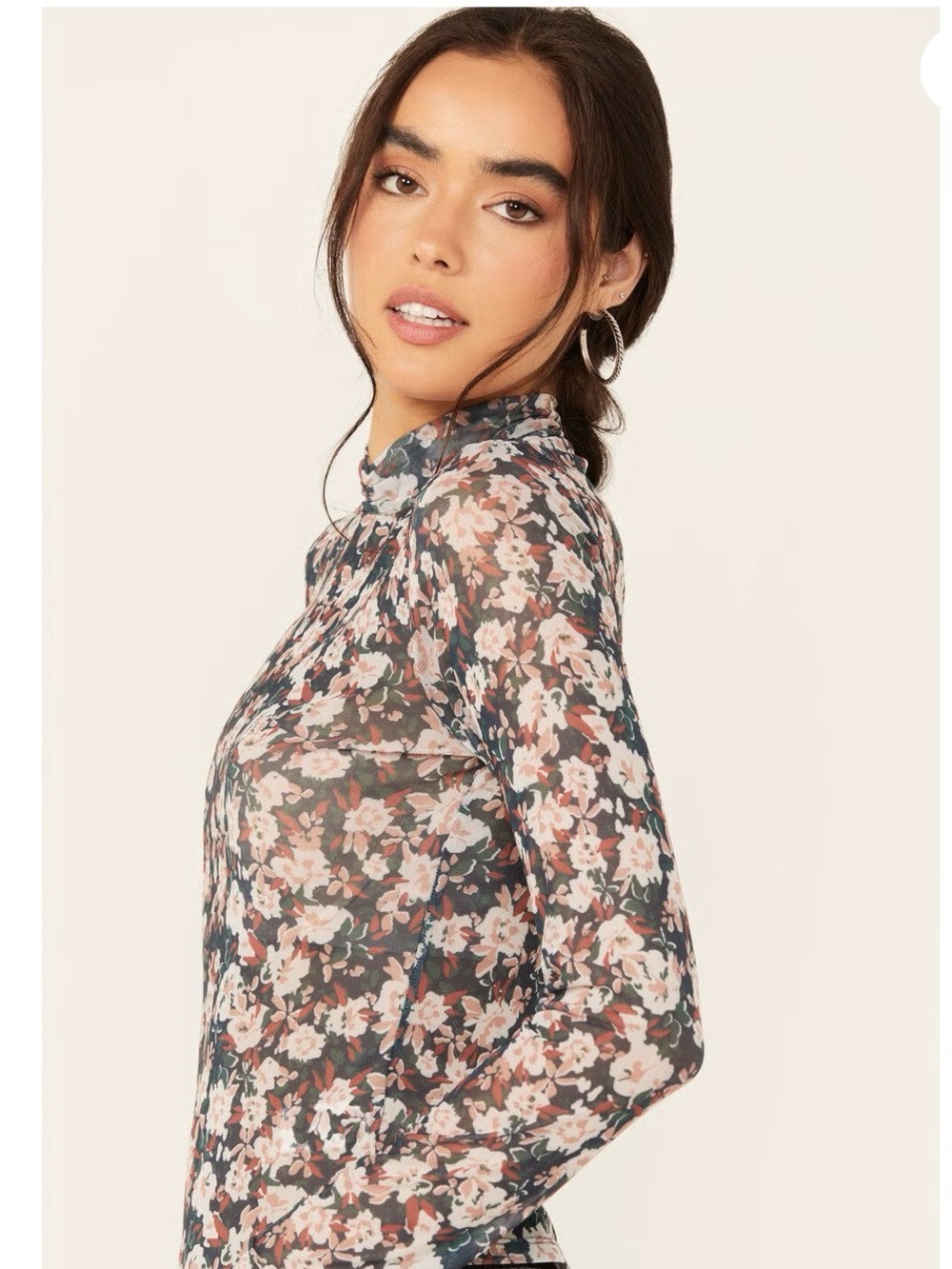 Sage, the label Floral Mesh Long-Sleeve mock neck Top - Blue Multi size M